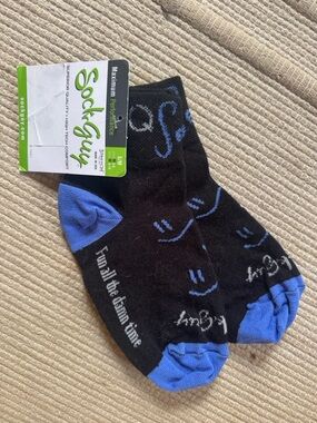 Sock Guy cycling socks FUN ALL THE DAMN TIME  blue black 🙂 smiles women’s M NEW